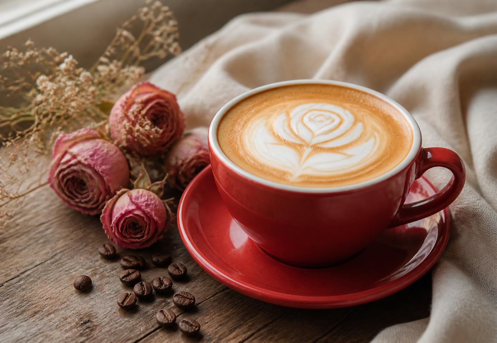 Rose latte art in a red cup beside dried roses at Bloom Bliss Café